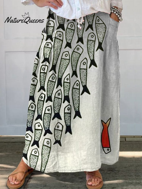 Be The Unique Fish Art Printed Women's Linen Pocket Skirt