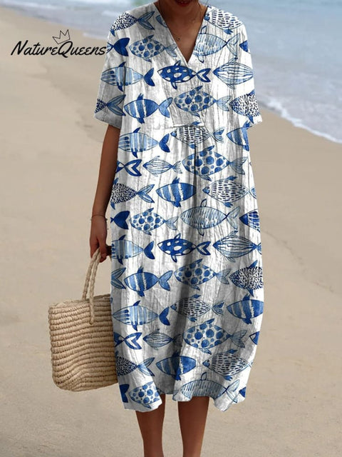Watercolor Sea Fish Pattern Printed Women's Flowy Dress