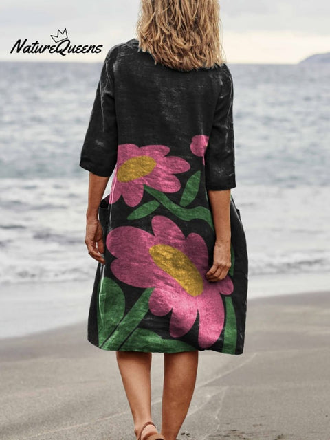 Cute Little Pink Flowers Print Womens Linen Pocket Tunic Dress