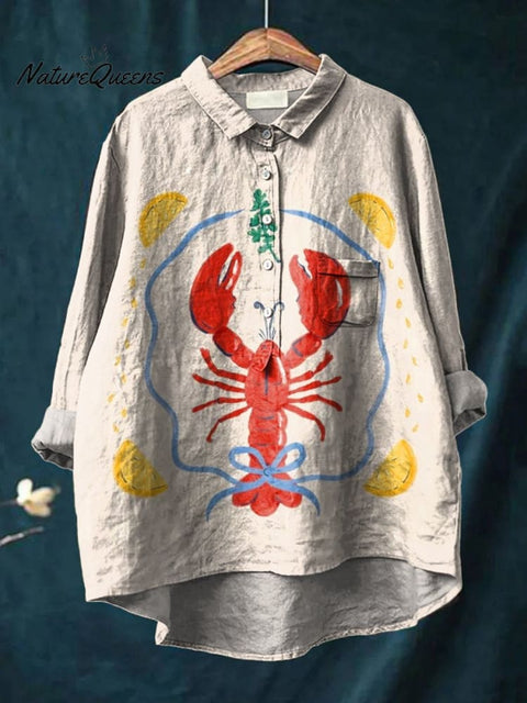 Lemon Lobster Decorative Pattern Casual Cotton And Linen Shirt