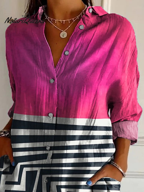 Abstract Line And Color Block Pattern Printed Women's Casual Cotton Shirt