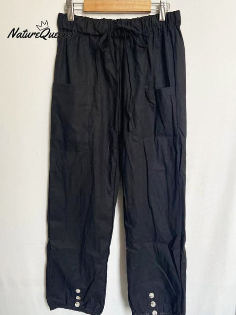 High - Waisted Buttoned Cotton And Linen Pants Cropped Black / S