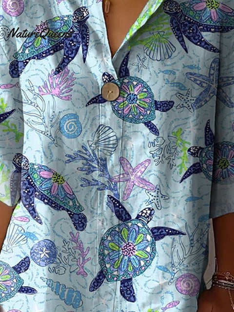 Sea Turtle And Coral Reef Pattern Printed Women's Casual Cotton Linen Shirt