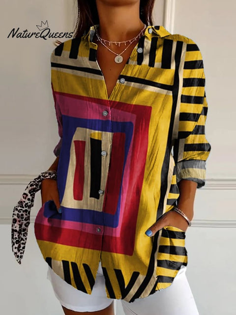 Women's Yellow Yellow Color-block Abstract Figure Print Casual Cotton Shirt