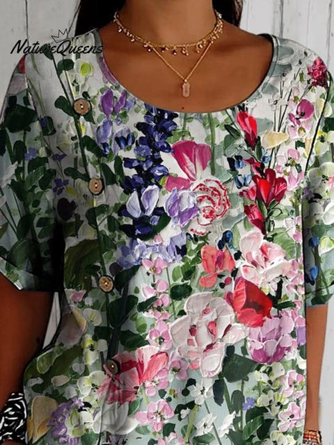 Oil Painting Floral Bush Printed Women's Casual Cotton Shirt