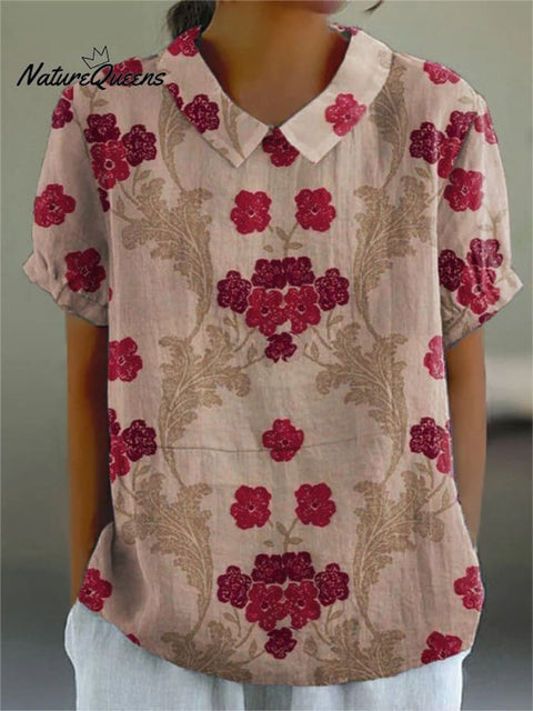 Women's Flower Art Print Casual Cotton And Linen Shirt