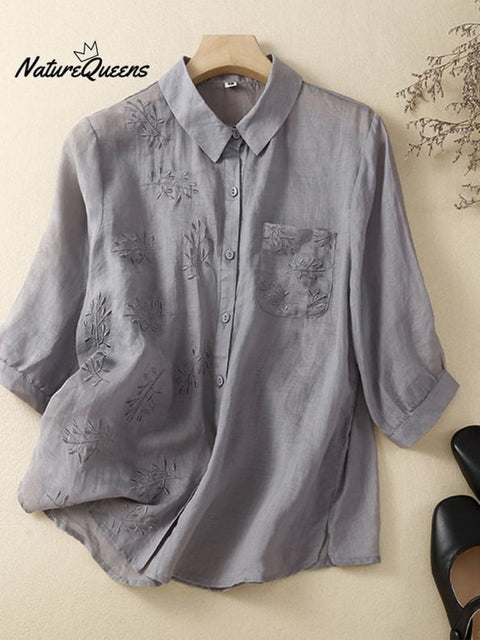 Loose Casual All-Match Embroidered Cotton Linen Shirt