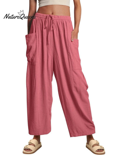 Women's Stylish Casual Fashionable Elastic Waist Loose Cotton Linen Pants