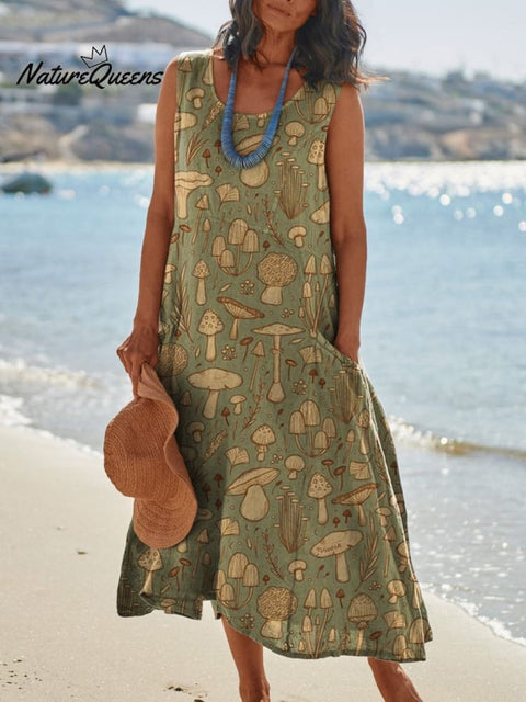 Assorted Wild Mushrooms Repeat Pattern Printed Women’s Pocket Pinafore Linen Dress Green / S