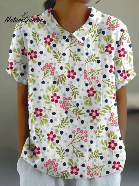 Women's Flower Art Print Casual Cotton And Linen Shirt