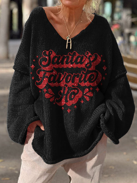 "Santa's Favorite Ho" Funny Christmas Joke Graphic Printed Women's Casual Pullover Sweater