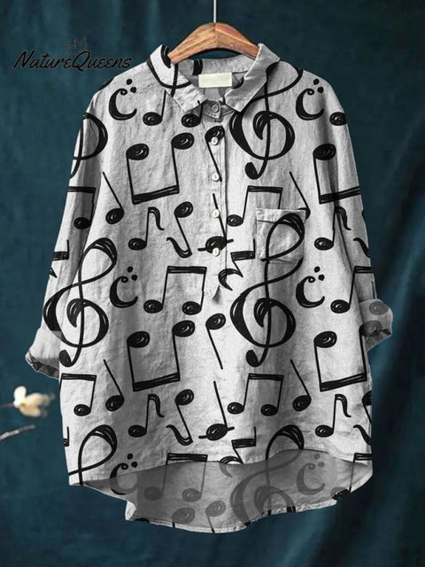 Music Note Art Print Casual Cotton And Linen Shirt