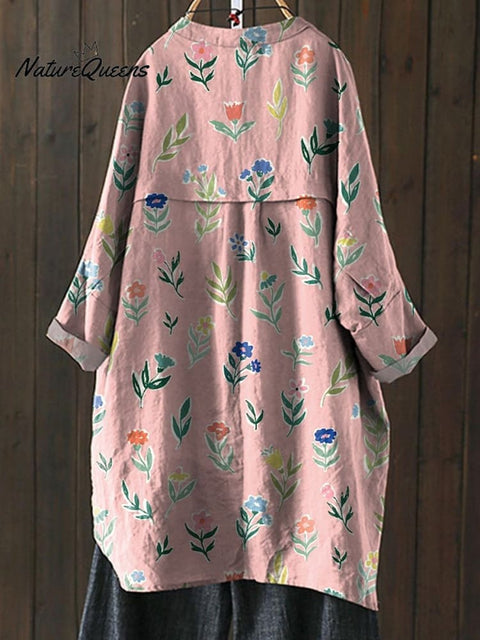 Hand Drawing Style Floral Field Pattern Printed Women's Loose Casual Top Jacket