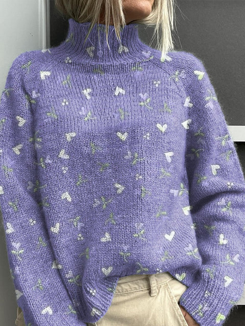 Small Purple Flowers Print Knit Turtleneck Pullover Sweater