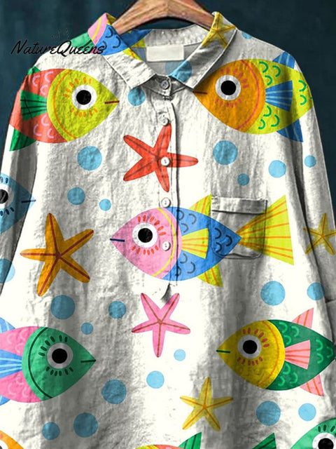 Lovely Cartoon Fish And Sea Star Pattern Printed Women's Casual Cotton And Linen Shirt