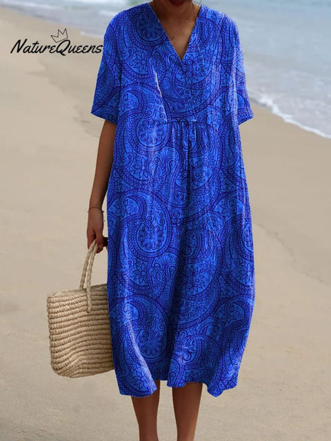 Ethnical Style Blue Paisley Pattern Printed Women's Flowy Dress