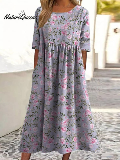 Elegant Pink French Rose Pattern Printed Women's Pocket Cotton Dress