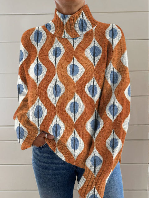 Abstract Geometric Orange Art Print Knit Turtleneck Pullover Sweater