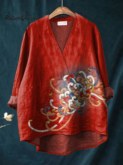 Women's Red Japanese Flowers Print Casual Cotton And Linen V-neck Shirt
