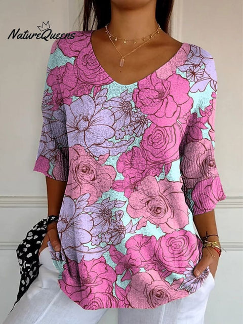 Line Drawing Pink Rose Pattern Printed Women's Casual Pullover Knit