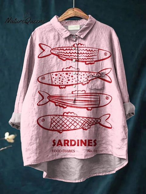 Women's Cute Pink Sardines Print Casual Cotton And Linen Shirt