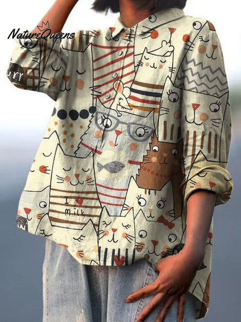 Women's Cute Cat Print Casual Cotton And Linen Shirt