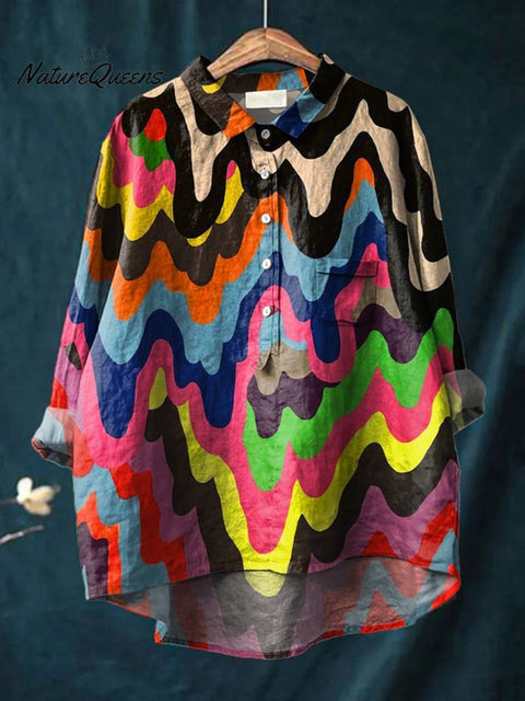 Abstract Melting Liquid Pattern Printed Women's Casual Cotton And Linen Shirt