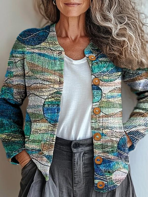 Abstract Geometric Art Printed Buttoned Cardigan Sweater