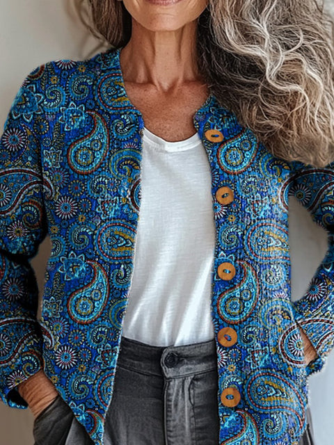 Elegant Paisley Pattern Printed Buttoned Cardigan Sweater