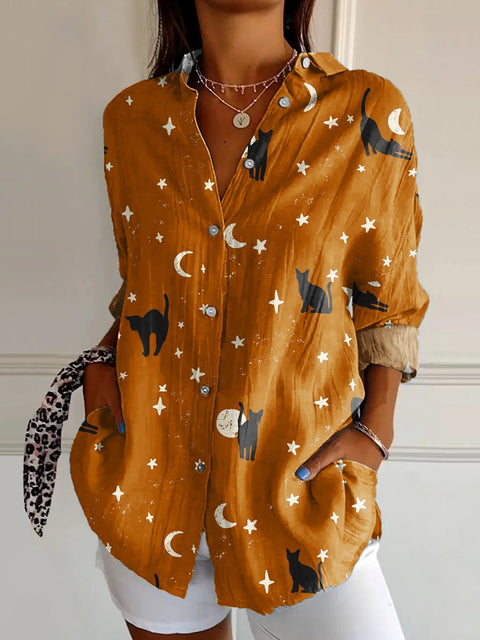 Black Cat Halloween Print Casual Cotton Shirt