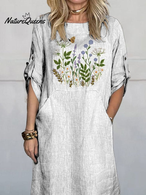 Embroidery Style Floral Bush Pattern Printed Women's Comfortable Linen Pocket Dress