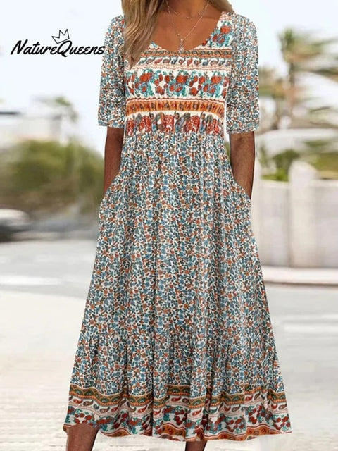 Boho Floral Print Loose Flowy Long Dresses