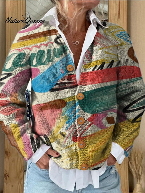 Abstract Doodle Decorative Pattern Buttoned Cardigan Sweater