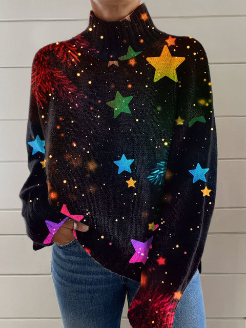 Glitter Christmas Print Knit Turtleneck Pullover Sweater