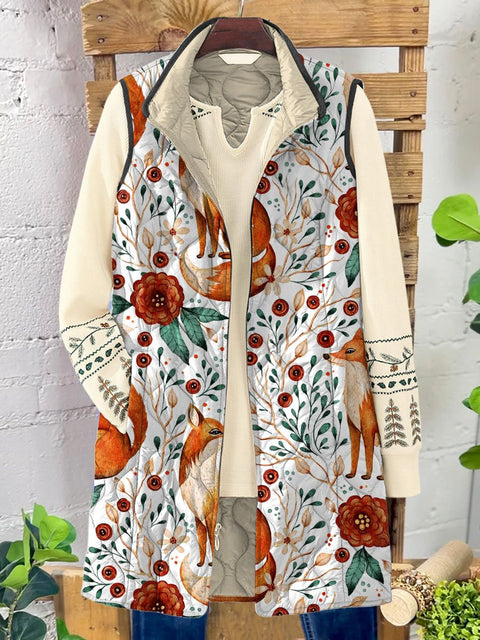Women's Funny Fox Art Print Casual Quilted  Sleeveless Coat