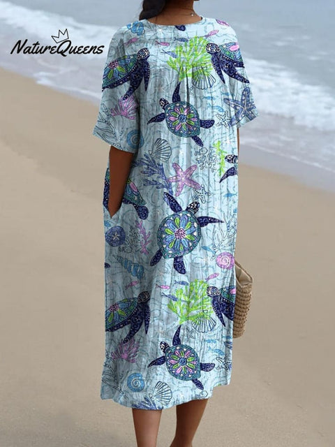 Sea Turtle And Coral Reef Pattern Printed Women's Flowy Dress