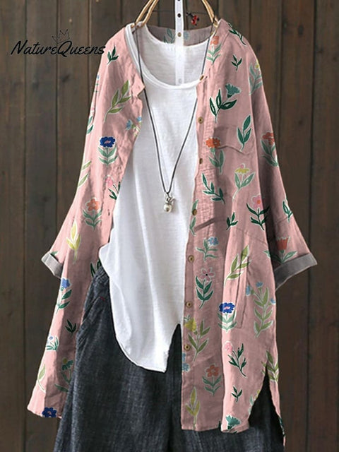 Hand Drawing Style Floral Field Pattern Printed Women's Loose Casual Top Jacket