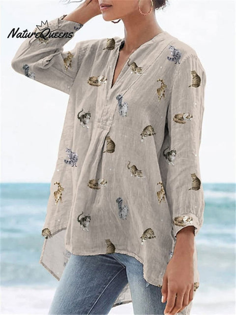 Lovely Petite Cats Pattern Printed Women's Casual Linen V-Neck Shirt