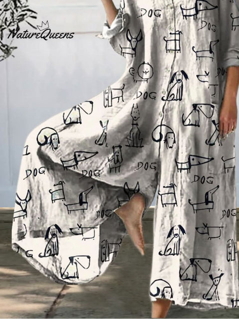 Women's Cute Dog Print Casual 100% Cotton Wide Leg Jumpsuit
