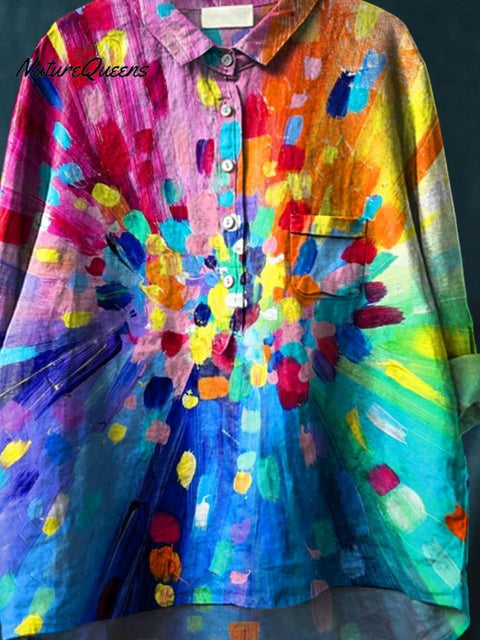 Women's Colorful Art Print Casual Cotton And Linen Shirt
