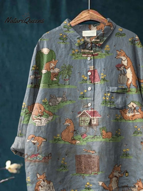 Women's Library Foxes Print Casual Cotton And Linen Shirt