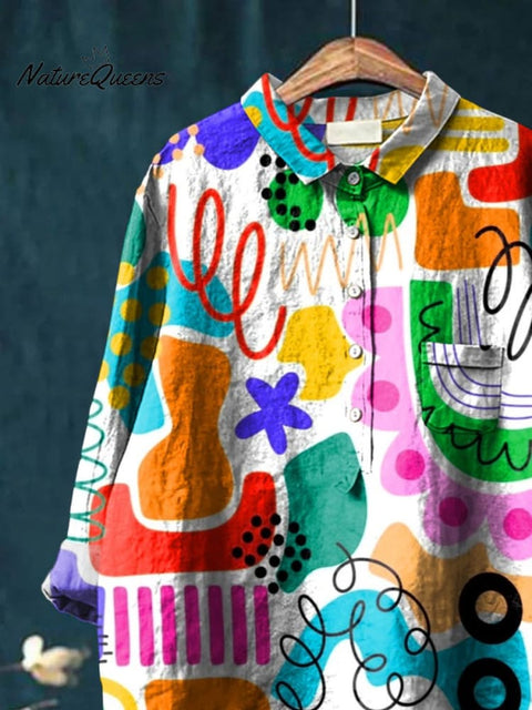 Abstrct Art Printed Women's Casual Cotton And Linen Shirt