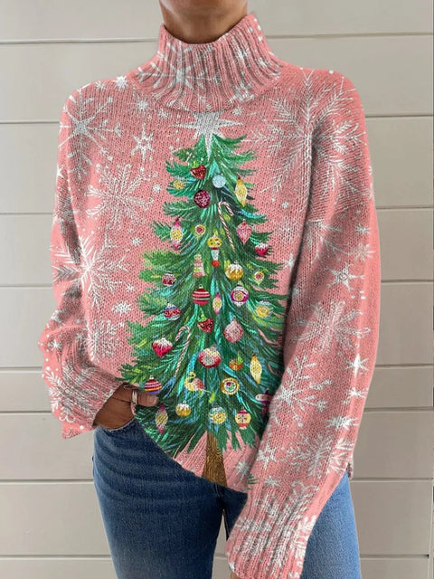 Women's Lovely Christmas Tree Art Print Knit Turtleneck Pullover Sweater
