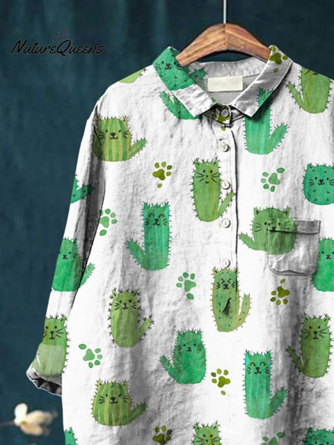 Women's Cactus Cat Print Casual Cotton And Linen Shirt
