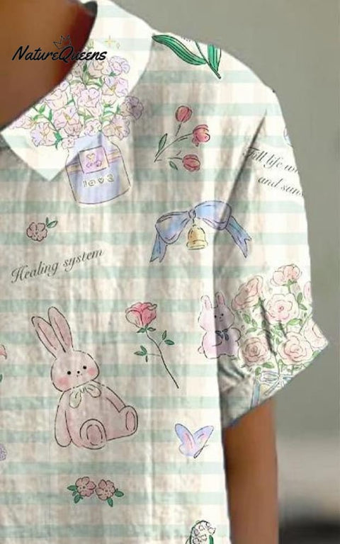 Women's Cute Bunny Floral Print Casual Cotton and Linen Shirt