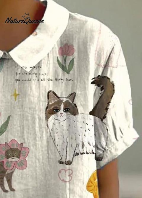 Women's Cute Kitten Floral Print Casual Cotton and Linen Shirt
