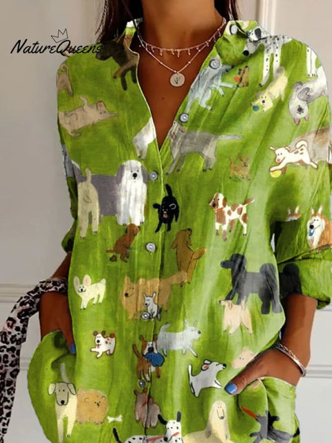 Women's Cute Happy Dog Art Print Casual Cotton Shirt