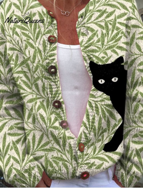 Black Cat In Leaves Art Print Buttoned Cardigan Sweater
