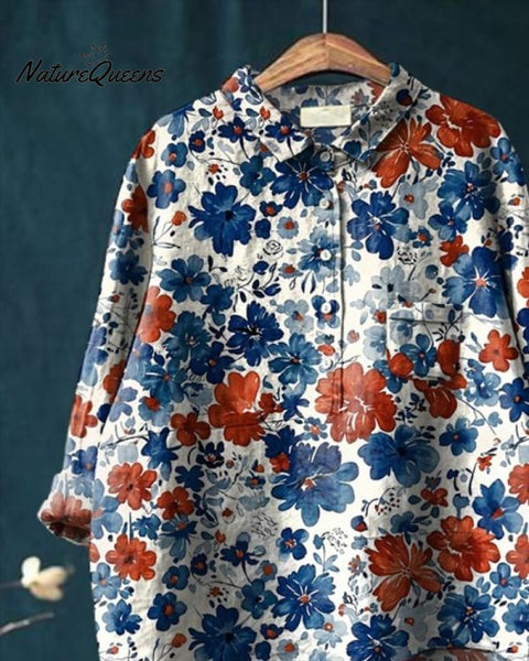Women's Flower Print Casual Cotton And Linen Shirt