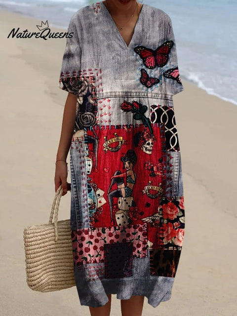 Rétro Floral Denim Imprimé V-cou élégant Chic lâche à manches courtes Robe Midi